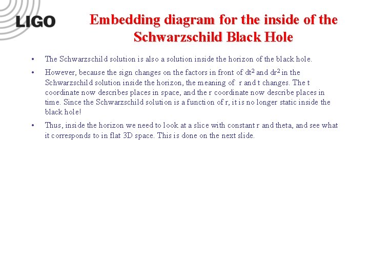 Embedding diagram for the inside of the Schwarzschild Black Hole • The Schwarzschild solution Embedding diagram for the inside of the Schwarzschild Black Hole • The Schwarzschild solution