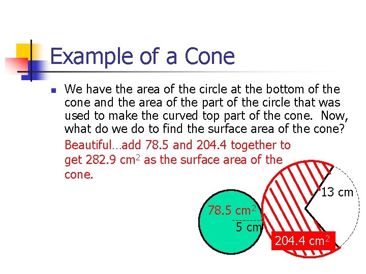 Example of a Cone n We have the area of the circle at the