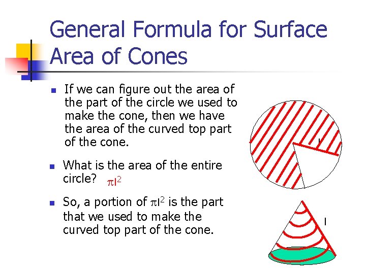 General Formula for Surface Area of Cones n n n If we can figure