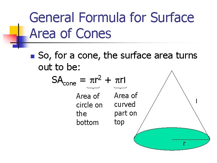 General Formula for Surface Area of Cones n So, for a cone, the surface