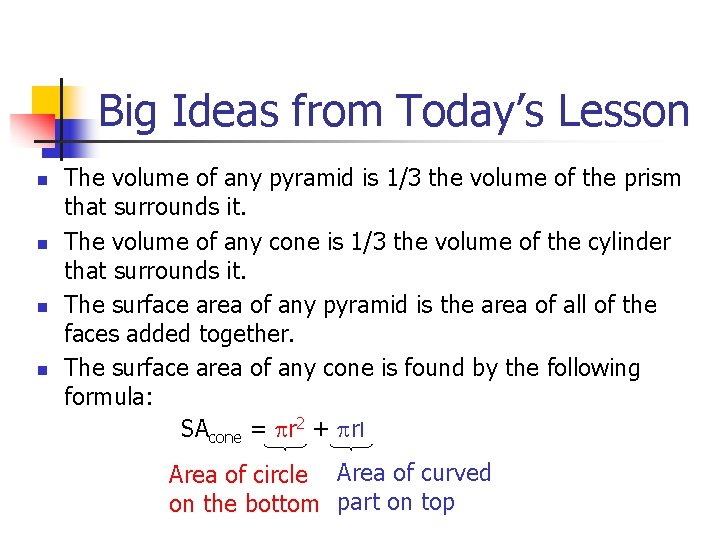 Big Ideas from Today’s Lesson n n The volume of any pyramid is 1/3