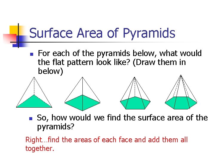 Surface Area of Pyramids n n For each of the pyramids below, what would