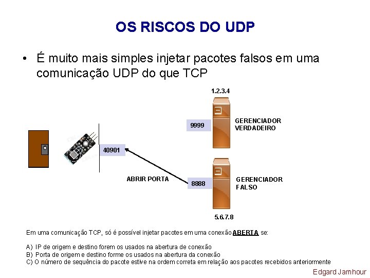 OS RISCOS DO UDP • É muito mais simples injetar pacotes falsos em uma