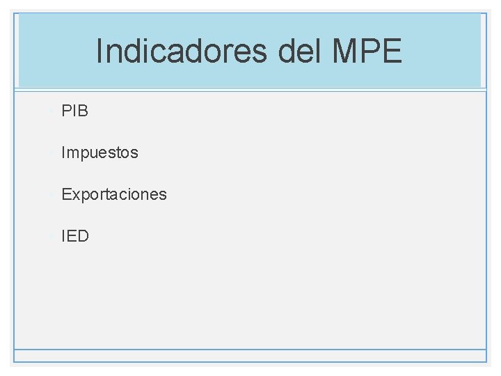 Indicadores del MPE • PIB • Impuestos • Exportaciones • IED 