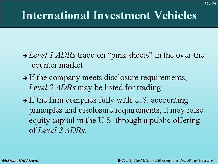 15 - 10 International Investment Vehicles Level 1 ADRs trade on “pink sheets” in
