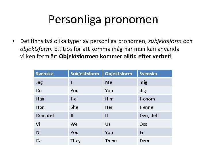 Personliga pronomen • Det finns två olika typer av personliga pronomen, subjektsform och objektsform.