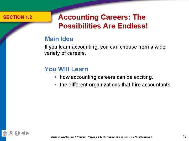 SECTION 1. 2 Accounting Careers: The Possibilities Are Endless! Main Idea If you learn SECTION 1. 2 Accounting Careers: The Possibilities Are Endless! Main Idea If you learn