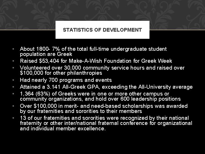 STATISTICS OF DEVELOPMENT • • About 1800 - 7% of the total full-time undergraduate