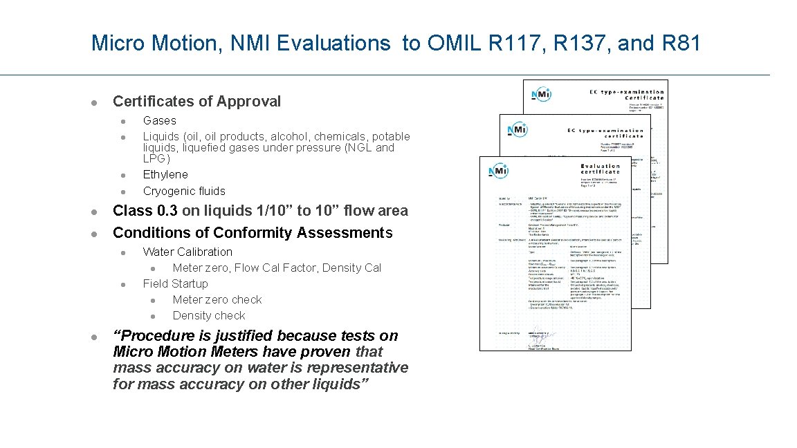 Micro Motion, NMI Evaluations to OMIL R 117, R 137, and R 81 l