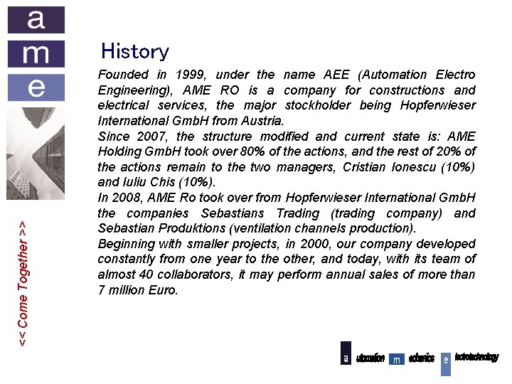 << Come Together >> History Founded in 1999, under the name AEE (Automation Electro