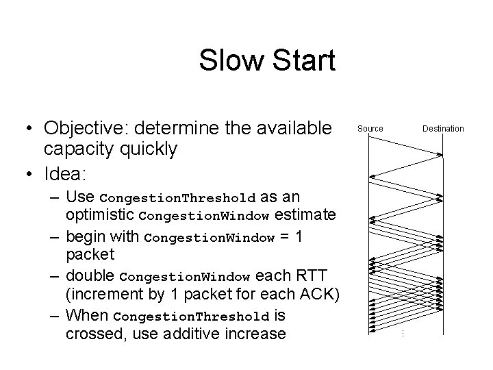 Slow Start – Use Congestion. Threshold as an optimistic Congestion. Window estimate – begin