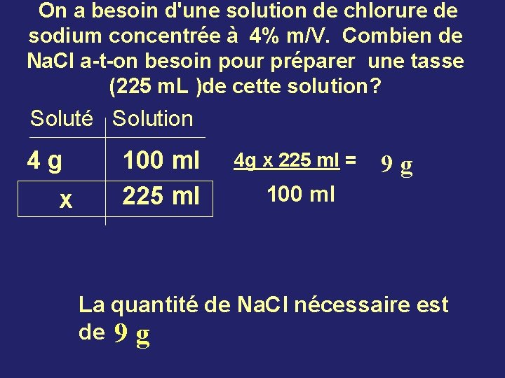 On a besoin d'une solution de chlorure de sodium concentrée à 4% m/V. Combien