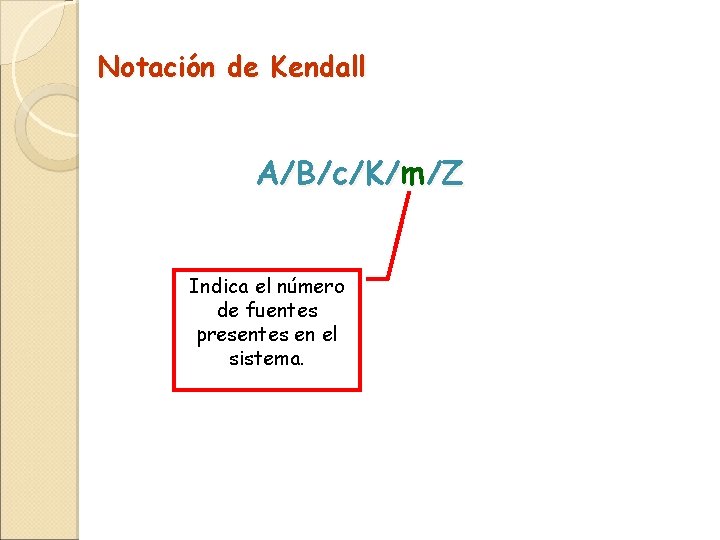 Notación de Kendall A/B/c/K/m/Z Indica el número de fuentes presentes en el sistema. 