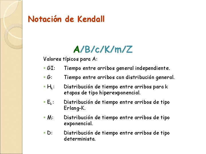 Notación de Kendall A/B/c/K/m/Z Valores típicos para A: § GI: Tiempo entre arribos general