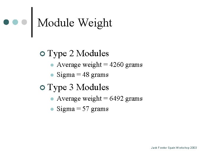 Module Weight ¢ Type l l Average weight = 4260 grams Sigma = 48