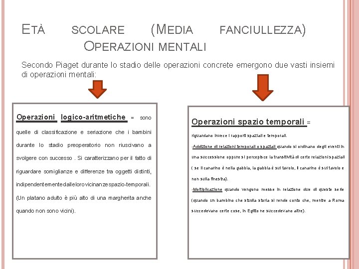 ETÀ (MEDIA SCOLARE FANCIULLEZZA) OPERAZIONI MENTALI Secondo Piaget durante lo stadio delle operazioni concrete