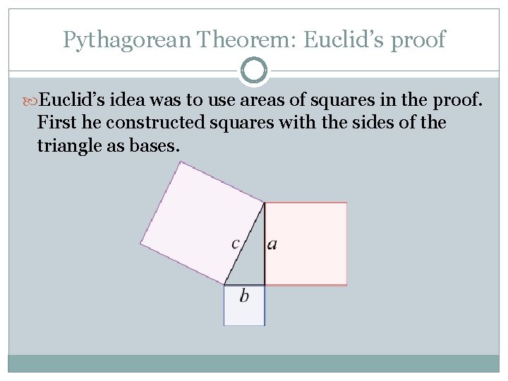 Pythagorean Theorem: Euclid’s proof Euclid’s idea was to use areas of squares in the Pythagorean Theorem: Euclid’s proof Euclid’s idea was to use areas of squares in the