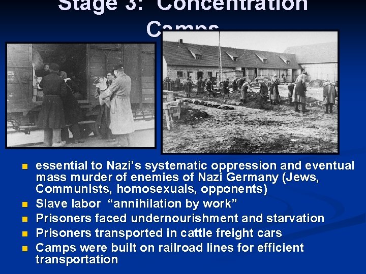 Stage 3: Concentration Camps n n n essential to Nazi’s systematic oppression and eventual