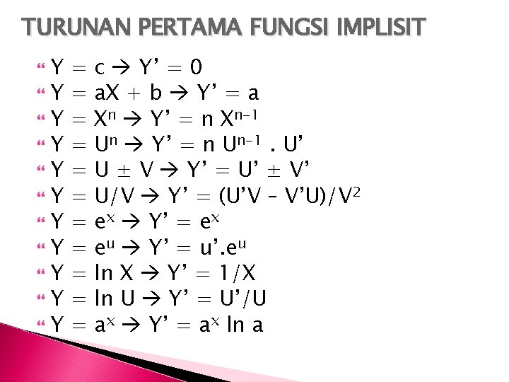 TURUNAN PERTAMA FUNGSI IMPLISIT Y Y Y = = = c Y’ = 0