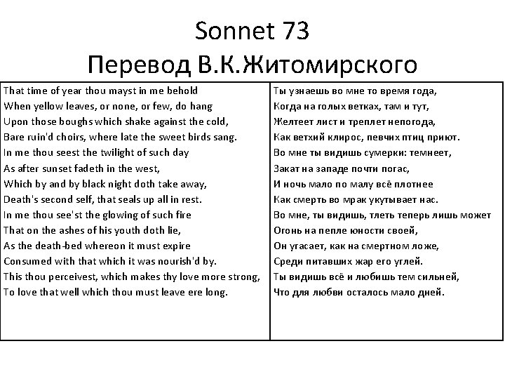 Sonnet 73 Перевод В. К. Житомирского That time of year thou mayst in me