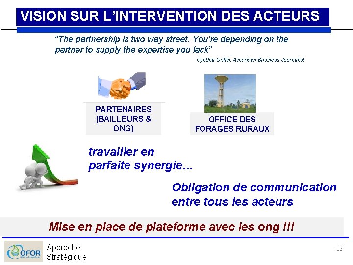 VISION SUR L’INTERVENTION DES ACTEURS “The partnership is two way street. You’re depending on