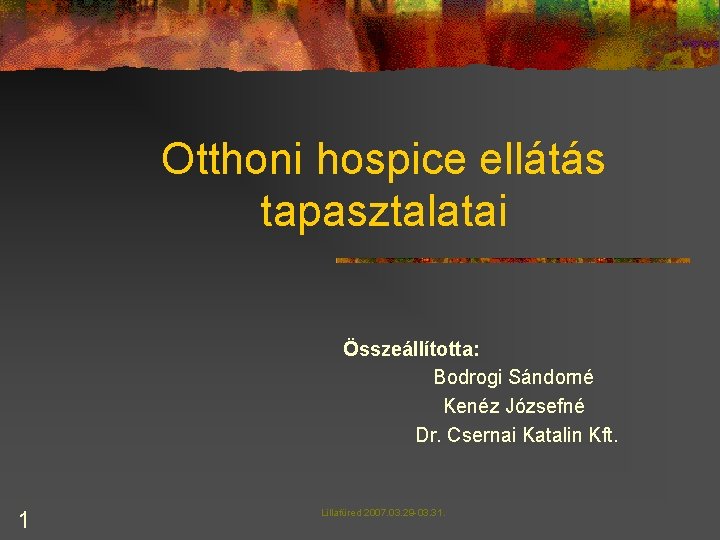 Otthoni hospice ellátás tapasztalatai Összeállította: Bodrogi Sándorné Kenéz Józsefné Dr. Csernai Katalin Kft. 1