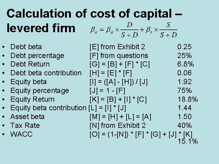 Calculation of cost of capital – levered firm • • • Debt beta [E]