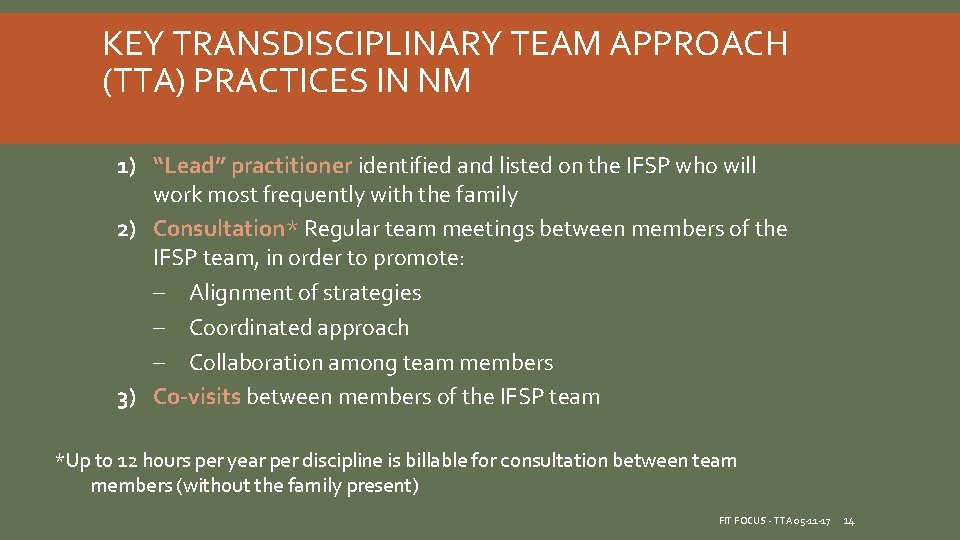 KEY TRANSDISCIPLINARY TEAM APPROACH (TTA) PRACTICES IN NM 1) “Lead” practitioner identified and listed KEY TRANSDISCIPLINARY TEAM APPROACH (TTA) PRACTICES IN NM 1) “Lead” practitioner identified and listed