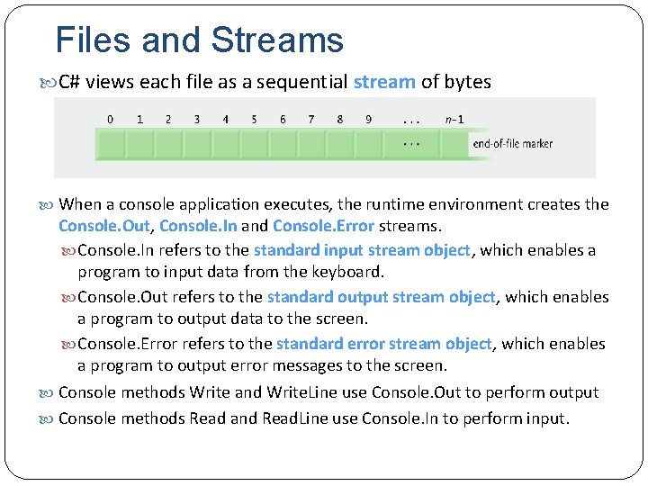 Files and Streams C# views each file as a sequential stream of bytes When