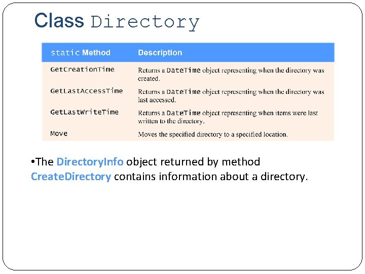 Class Directory • The Directory. Info object returned by method Create. Directory contains information