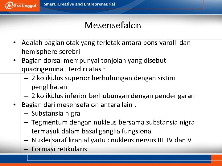 Mesensefalon • Adalah bagian otak yang terletak antara pons varolli dan hemisphere serebri •