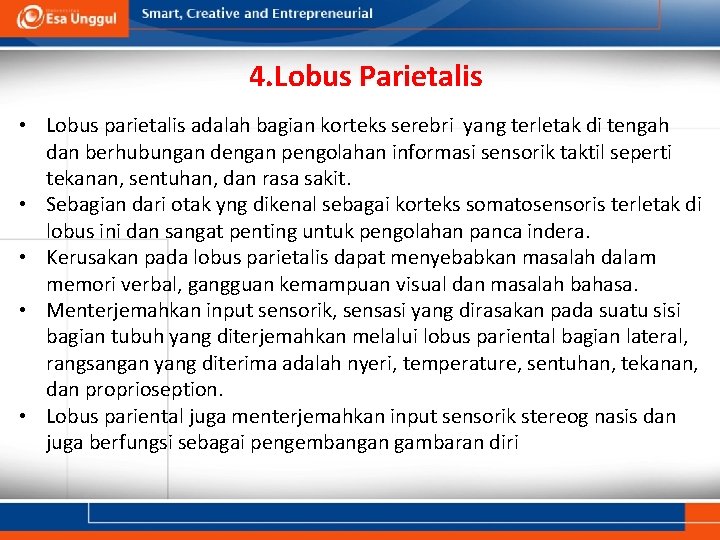 4. Lobus Parietalis • Lobus parietalis adalah bagian korteks serebri yang terletak di tengah