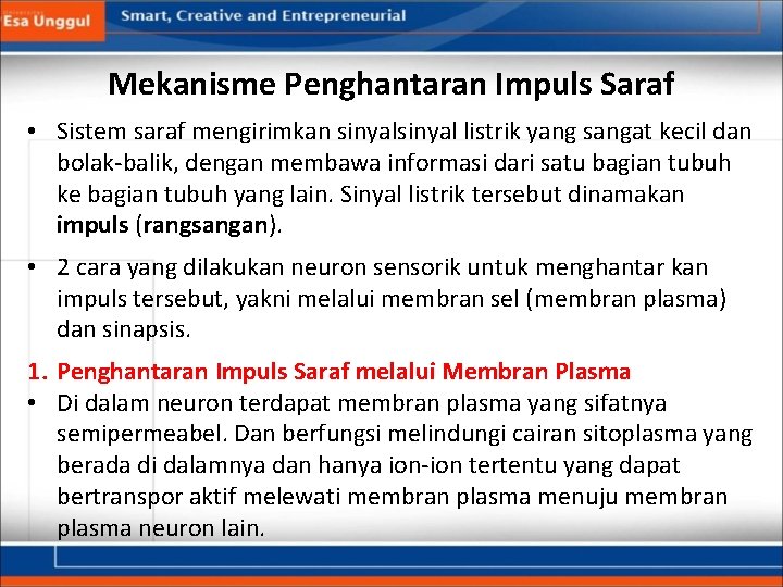 Mekanisme Penghantaran Impuls Saraf • Sistem saraf mengirimkan sinyal listrik yang sangat kecil dan