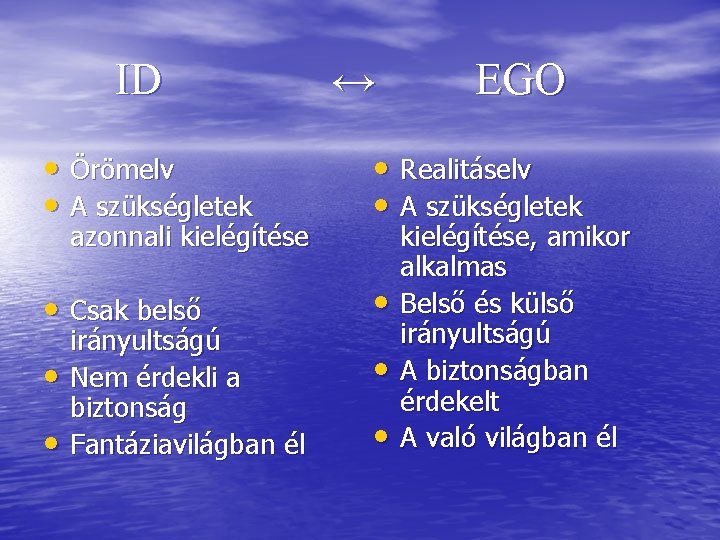 ID ↔ EGO • Örömelv • A szükségletek • Realitáselv • A szükségletek • ID ↔ EGO • Örömelv • A szükségletek • Realitáselv • A szükségletek •