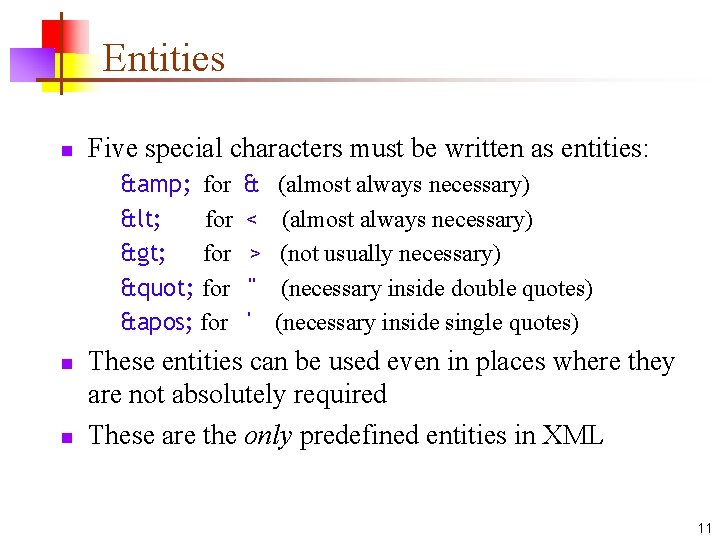 Entities n Five special characters must be written as entities: & for < for