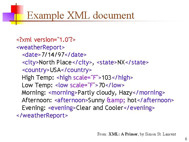 Example XML document <? xml version="1. 0"? > <weather. Report> <date>7/14/97</date> <city>North Place</city>, <state>NX</state>