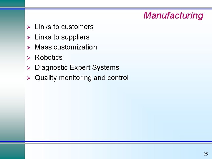 Manufacturing Ø Ø Ø Links to customers Links to suppliers Mass customization Robotics Diagnostic