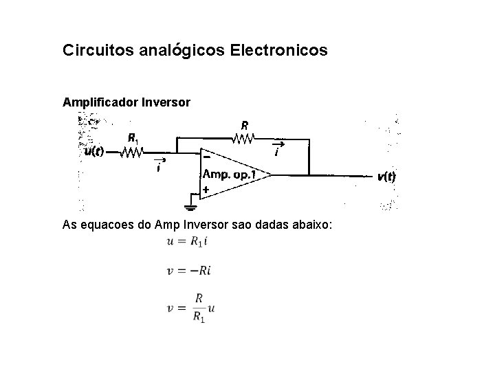 Circuitos analógicos Electronicos Amplificador Inversor As equacoes do Amp Inversor sao dadas abaixo: 