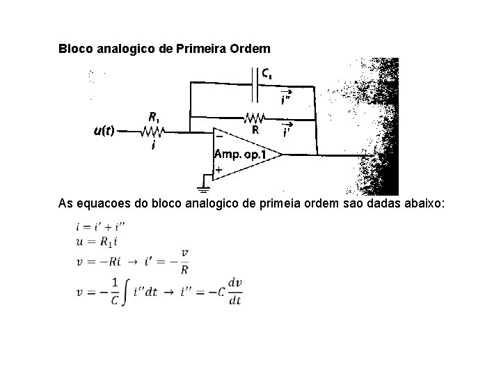 Bloco analogico de Primeira Ordem As equacoes do bloco analogico de primeia ordem sao