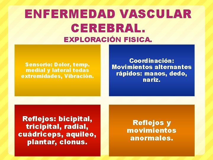 ENFERMEDAD VASCULAR CEREBRAL. EXPLORACIÓN FISICA. Sensorio: Dolor, temp. medial y lateral todas extremidades, Vibración.