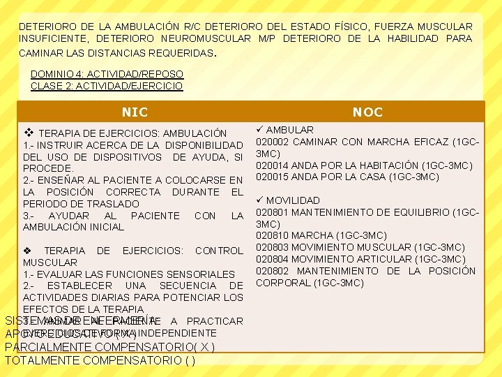 DETERIORO DE LA AMBULACIÓN R/C DETERIORO DEL ESTADO FÍSICO, FUERZA MUSCULAR INSUFICIENTE, DETERIORO NEUROMUSCULAR