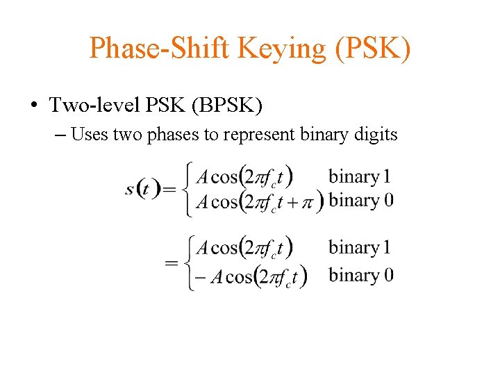 Phase-Shift Keying (PSK) • Two-level PSK (BPSK) – Uses two phases to represent binary