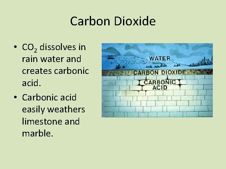 Carbon Dioxide • CO 2 dissolves in rain water and creates carbonic acid. •