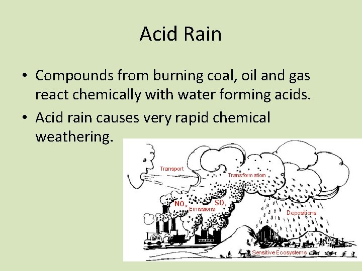 Acid Rain • Compounds from burning coal, oil and gas react chemically with water