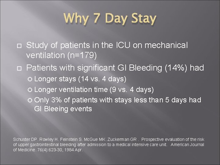 Why 7 Day Stay Study of patients in the ICU on mechanical ventilation (n=179)