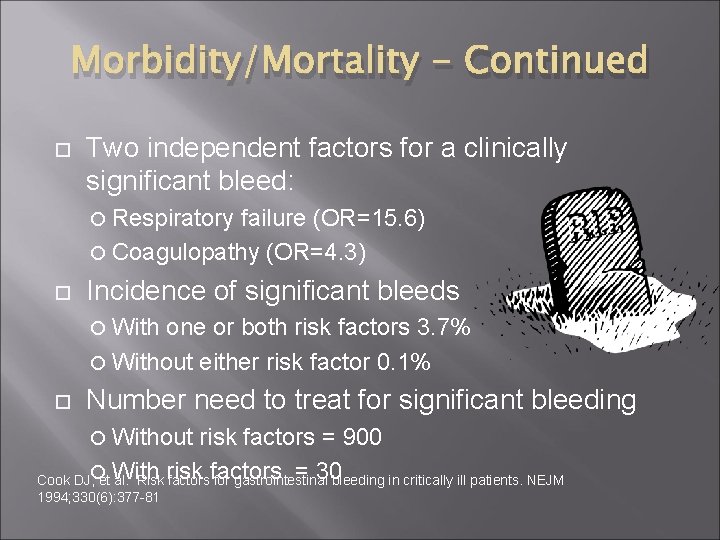 Morbidity/Mortality - Continued Two independent factors for a clinically significant bleed: Respiratory failure (OR=15.