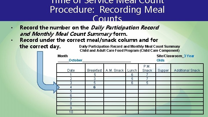 Time of Service Meal Count Procedure: Recording Meal Counts • • Record the number