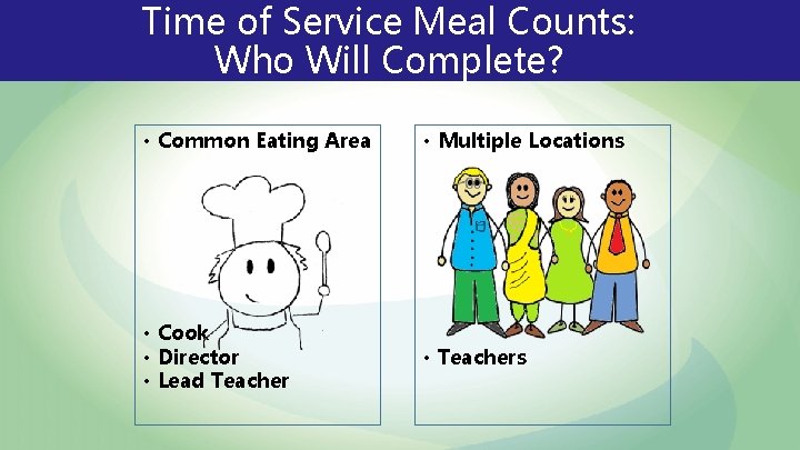 Time of Service Meal Counts: Who Will Complete? • Common Eating Area • Multiple