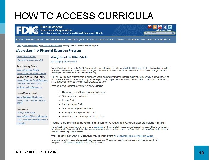 HOW TO ACCESS CURRICULA Money Smart for Older Adults 18 