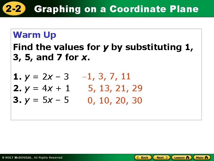 2 -2 Graphing on a Coordinate Plane Warm Up Find the values for y